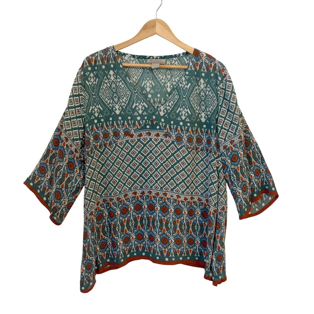 World Market Boho Gauze Tunic Top Womens S/M Ikat Resort Beach Lightweight Teal